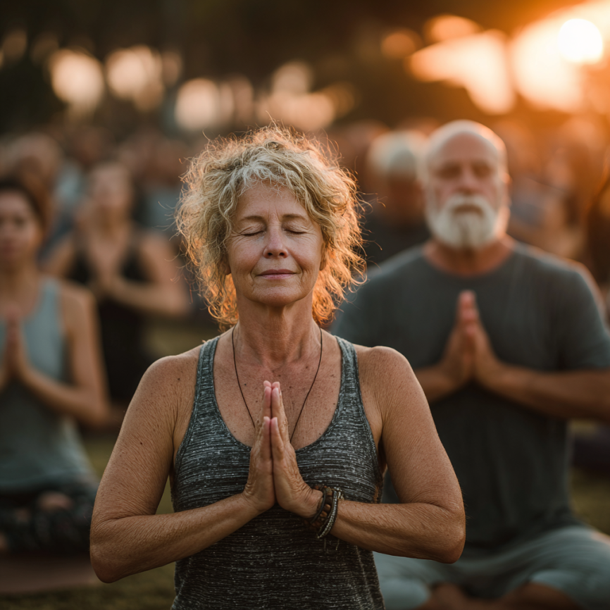 Старші люди займаються йогою в парку